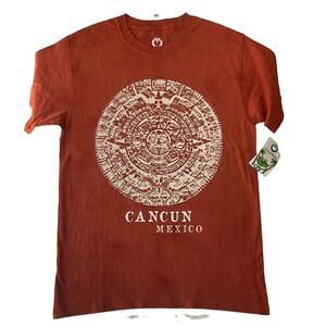 Tropical Relax Men Shirt M Red Graphic Print Aztec Calendar Tourist CancunMexico